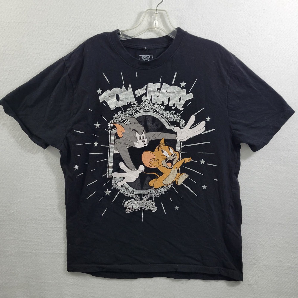 Tom & Jerry Buddies Black T Shirt Silver Lettering Great Graphics Size L 22224-